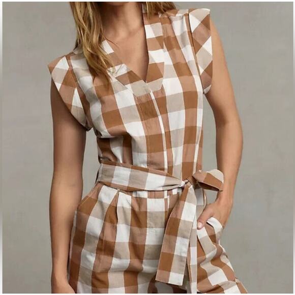 Anthropologie Whit Two 100% Cotton Buffalo Plaid Brown Romper Belted Size S - Picture 1 of 12